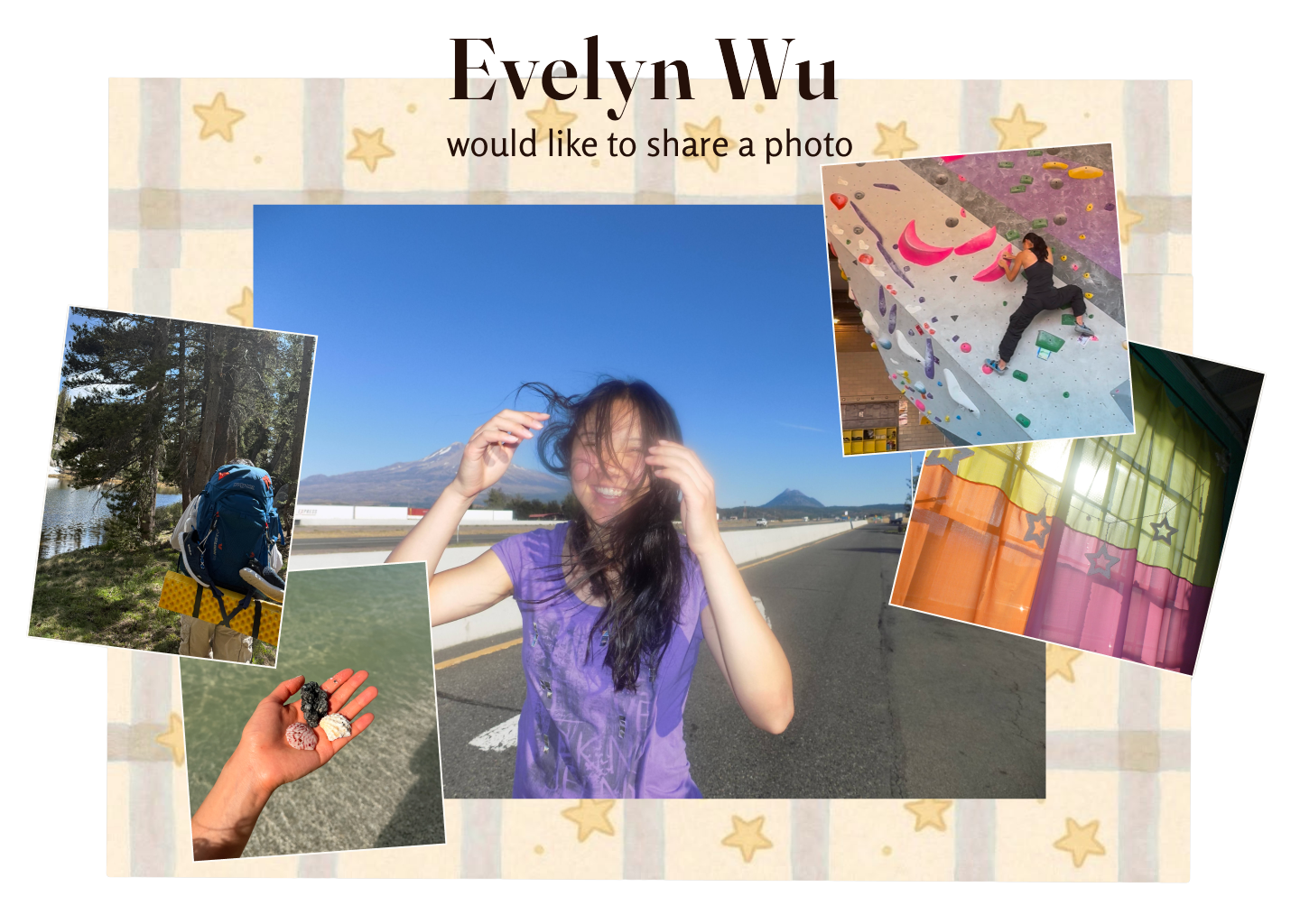Evelyn Wu would like to share a photo — a collage of me at a concert, bouldering, backpacking, and collecting shells